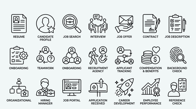 Set of outline icons representing human resources and hiring process elements, professional employment and career development steps.