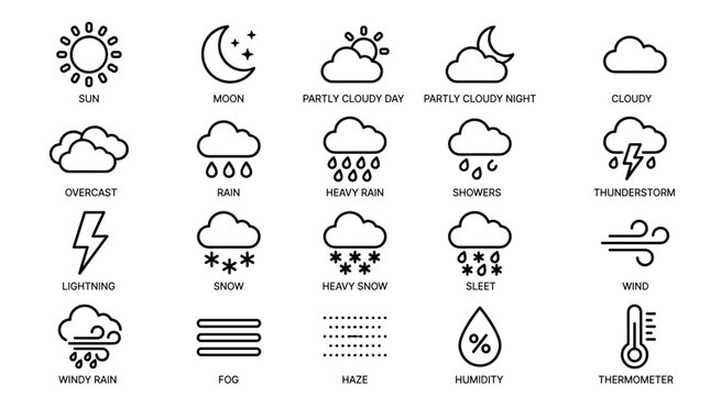 Weather icon set outlining various atmospheric conditions from sunny to stormy skies, including moon, fog, and sleet symbols for forecasting.