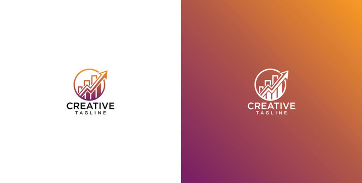 Modern business financial growth logo template featuring a bar chart and upward trend arrow in a circular frame