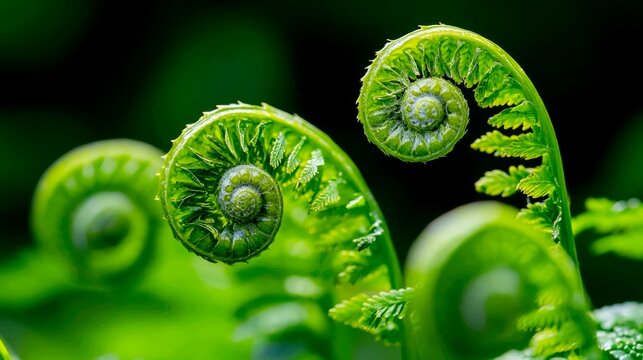 several bright green fern fiddleheads in the process of unfurling. The focus is razor-sharp on the intricate, spiral pattern