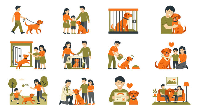 People and their pet dogs together.