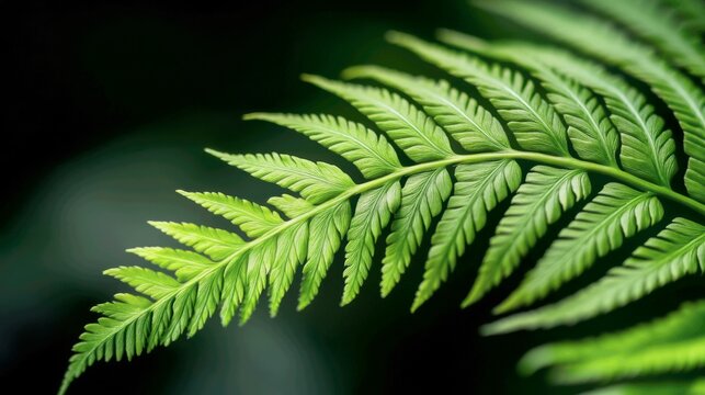 macro shot focusing on the intricate pattern of a fern leaf (frond)