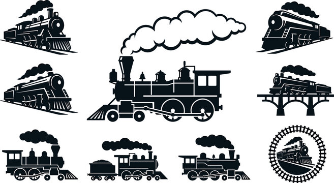 Vintage Steam Train Silhouette Collection Vector Set with Retro Locomotive Engines Smoking Funnels Railway Bridges and Circular Track Logo Badges