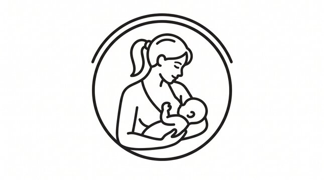 A premium minimalist breastfeeding and maternal care icon featuring a mother gently cradling and nursing her newborn baby inside a clean circular frame. The illustration is created in a modern monolin