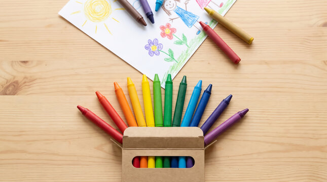 Rainbow of crayons fanned above a child's drawing and open box