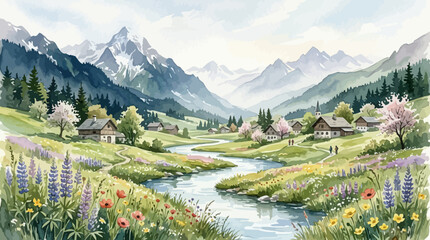 Idyllic alpine village in a serene mountain valley with a winding river and blooming wildflowers © Sendang