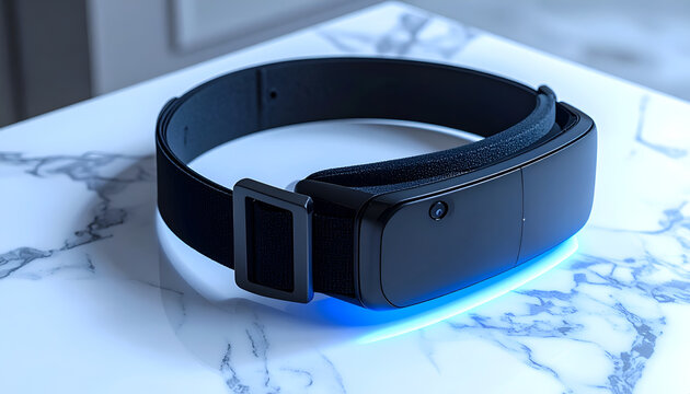 Futuristic black VR headset with glowing blue light and adjustable strap on marble surface