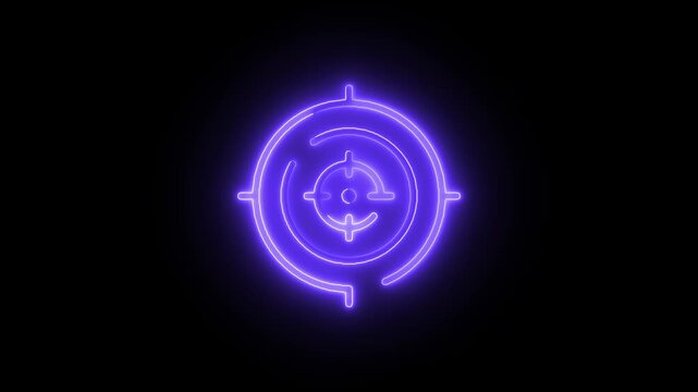 Glowing neon target animation spins in dark background. Vibrant blue and purple digital bullseye with radiant light effects for high-impact visuals.