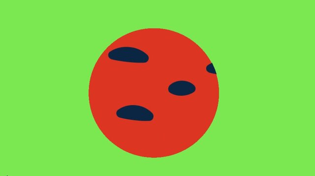 Minimalist red planet graphic with dark craters on vibrant green background for digital media