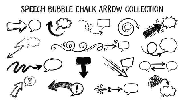 Speech bubble chalk arrow collection hand drawn doodles and design elements vector illustration isolated on white background for creative projects and layout.