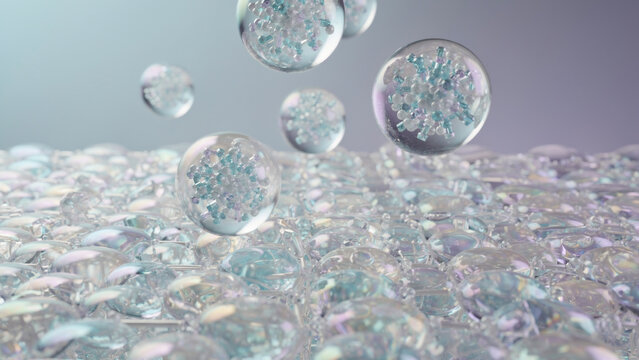 Abstract spheres containing crystalline structures suspended above a bubbly surface with iridescent highlights, concept for scientific research, nanotechnology and cosmetic formulations