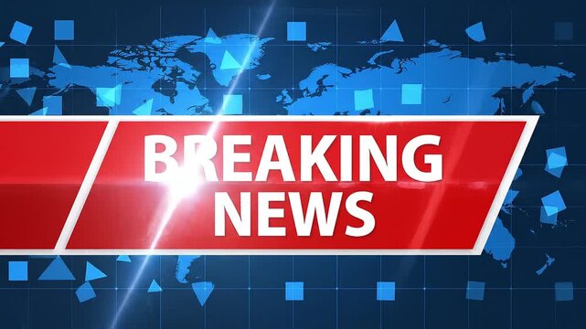 Dynamic breaking news broadcast animation featuring a bold red banner with glowing "BREAKING NEWS" text over a modern blue geometric background.