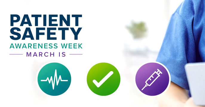 Healthcare professional celebrating patient safety awareness week with medical icons and digital tablet
