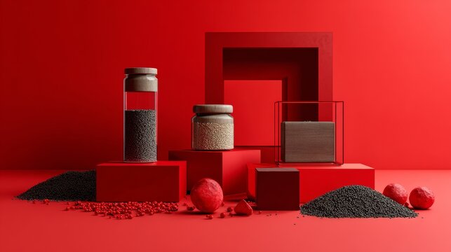 Red Geometric Product Display with Natural Powders