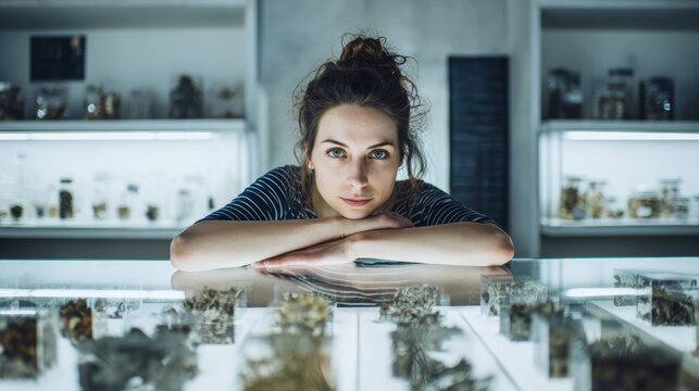 Woman Leaning Over Botanical Display Counter