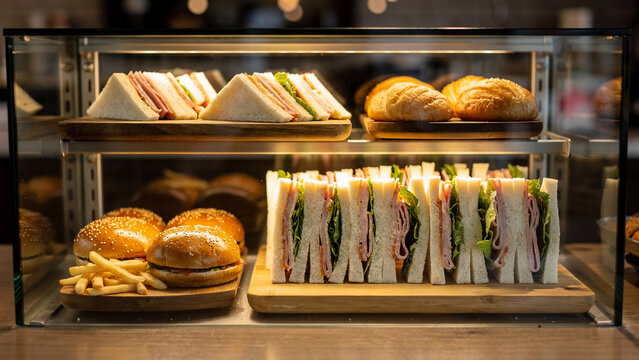 Assortment of sandwiches, burgers, and pastries displayed in a cafe cabinet, perfect for food advertising, menu design and cafe promotion