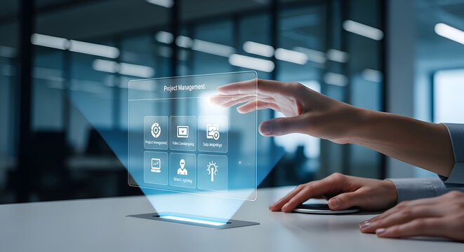 Futuristic holographic interface for project management with icons for various business functions