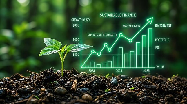 Sustainable finance growth chart with green seedling representing ESG investment success