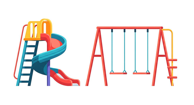 Colorful playground clipart featuring a spiral slide and a swing set vector illustration for childrens park design
