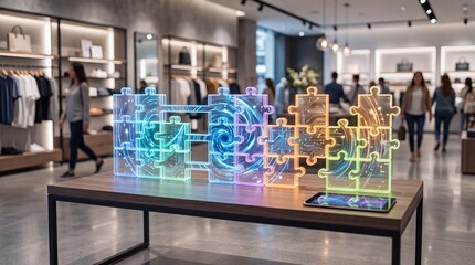 Obraz premium A vibrant display of neon puzzle pieces in a modern retail environment, showcasing innovative design and creativity.