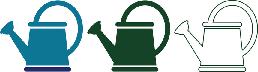 Minimalist watering can vector icons, set of three garden watering pot silhouettes, flat gardening equipment illustrations for horticulture and plant care © monasa