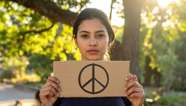 Young Woman Holding a Peace Sign Cardboard Sign in Nature