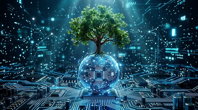 Digital tree growing on glowing circuit board globe representing sustainable technology growth