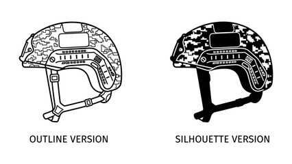 Tactical Helmet Design: Two contrasting views of a tactical helmet, one as a detailed outline and the other as a bold silhouette, showcasing its protective design and camouflage pattern. © asad