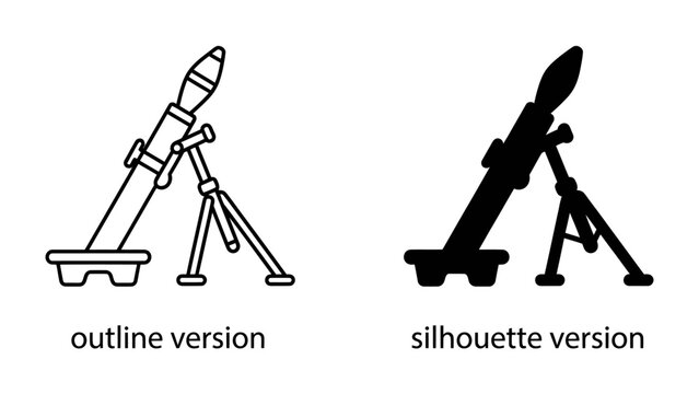 Mortar Weapon: A graphic representation of a mortar weapon, shown in both outline and silhouette versions, highlighting its mechanical design.