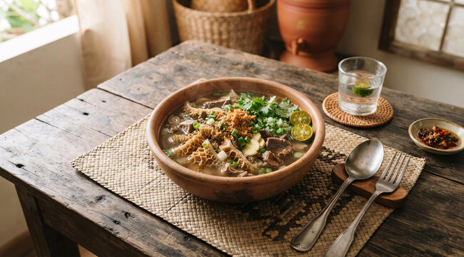 Traditional beef and tripe soup garnished with scallions, cilantro, garlic, and citrus in an earthenware bowl on a rustic dining table.