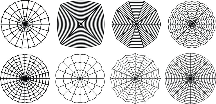 Geometric guilloche pattern set, 8 circular vector line art elements, intricate black and white radial mandalas for security printing and certificate design