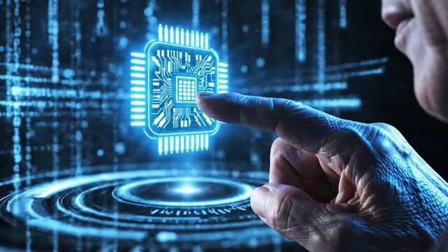 Senior person touching digital brain chip icon with glowing data background