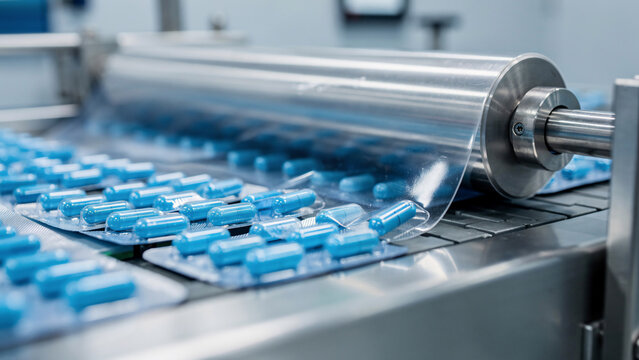 Blue pharmaceutical capsules on a production line, automated manufacturing process, perfect for healthcare advertising, medical industry promotion and pharmaceutical packaging design