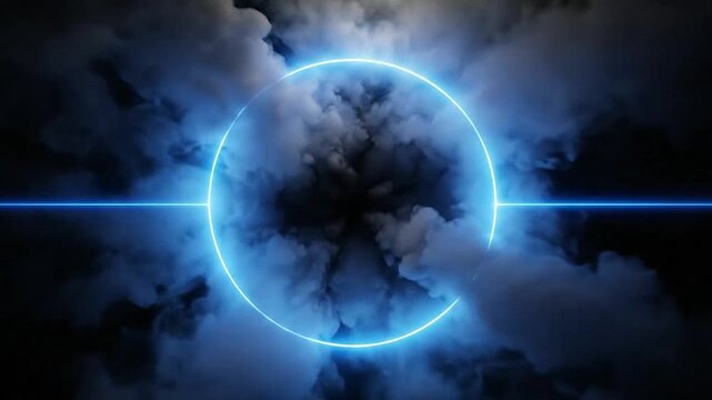 A glowing blue neon circle frames swirling dark clouds against a deep black background