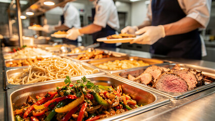 Obraz premium Buffet serving line with variety of dishes including sliced roast beef and pasta, chefs serving food in background, perfect for catering services, restaurant promotions and food advertising
