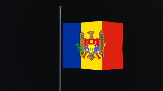 Digitally rendered flag of Moldova waving on a flagpole against a dark black background ideal for national celebrations and branding