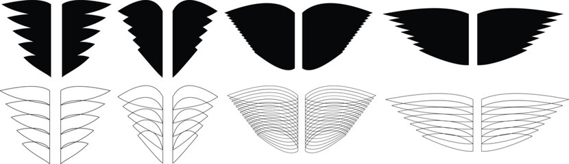 Stylized wing silhouettes and line art icons, 8 black and white bird wing vector elements, minimalist feather wing graphic set for logo design © monasa