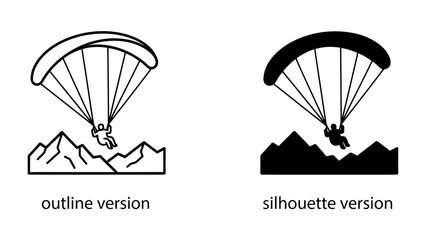 Paragliding Duo: Two distinct paragliding icons, one an outline and the other a silhouette, showcase the thrill of soaring above mountainous terrain. © Nadim