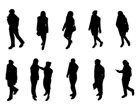 businessmen and office workers silhouette set for architectural, men and women walking, using phone. isometric view, black shadow illustration.