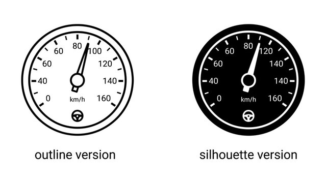 Speedometer Icons: A comparison of two speedometer icons, one in outline and the other in silhouette, both indicating a speed of approximately 100 km/h, perfect for representing speed, performance.