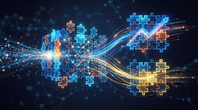 Digital puzzle pieces merging with data trends, showcasing technology and innovation in modern analysis.