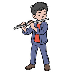 Cute cartoon young boy with closed eyes standing and passionately playing a silver flute instrument. Isolated illustration on transparent background for children book layout, music education, talent,  © pranowo