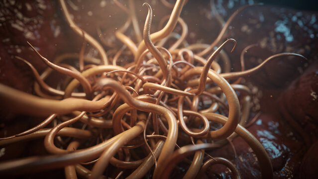 Close-up 3D rendering of tangled biological parasitic worms, ideal for medical illustrations, scientific research and educational content