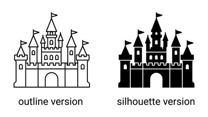 Castle Icon Set: A collection of stylized castle icons, one in outline and the other in silhouette, representing strength, fantasy, and architectural grandeur. © Ahsan