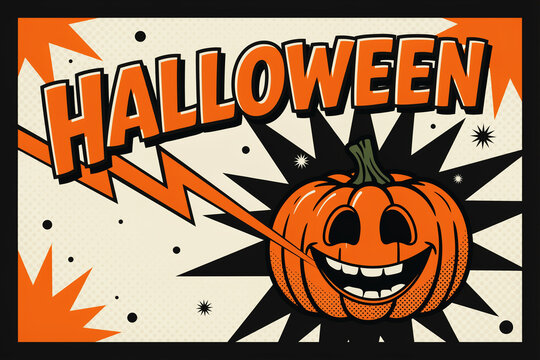 Retro Halloween comic book style poster, vintage pop art pumpkin illustration, orange and black spooky holiday greeting card design