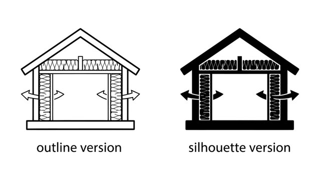 House Insulation Diagram: Two contrasting diagrams, an outline and a silhouette, illustrate the concept of house insulation, showing airflow and the protective layers within a building's structure.