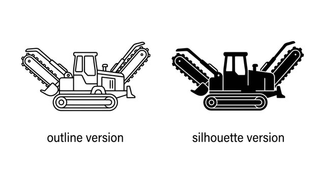 Trenching Machine Set: A versatile trenching machine is depicted in both outline and silhouette versions, showcasing its powerful digging capabilities for construction and utility work.