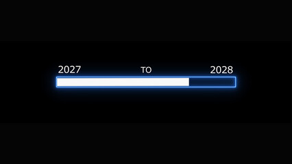Fototapeta premium Neon loading bar progress from 2027 to 2028 yew year icon concept background 4k illustration.