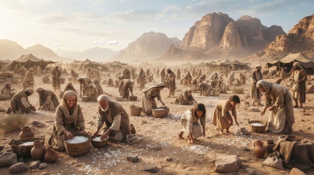 A miraculous scene of God sending manna for daily provision during the Exodus event.