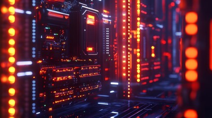 Obraz premium Closeup of glowing electronic circuit board with red and orange lights, high-tech digital system, futuristic technology concept, abstract cyber environment, data and connectivity